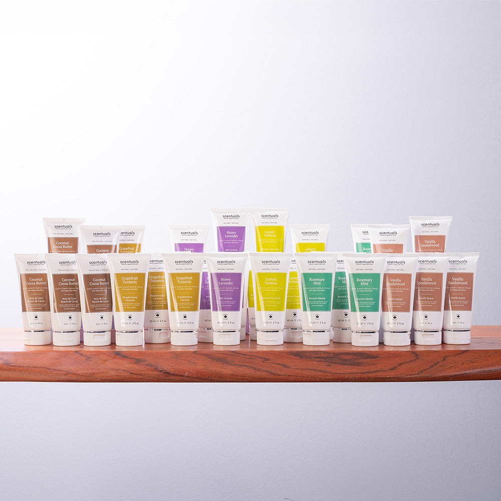 Scentuals hand repair creams in coconut cocoa butter, grapefruit turmeric, honey lavender, lemon verbena, rosemary mint, and vanilla sandalwood.