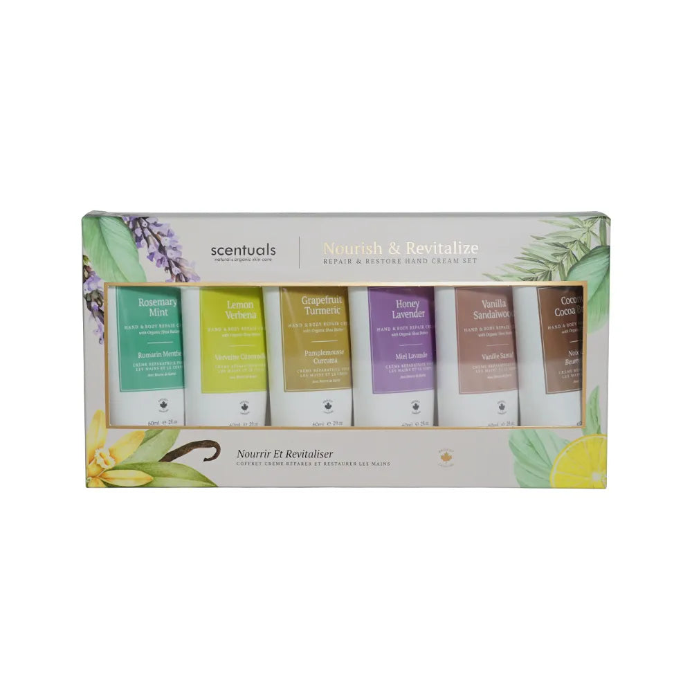 A set of six Scentuals hand repair creams in different scents, packaged in a box with a green and white design, indicating a nourishing and revitalizing hand cream set.