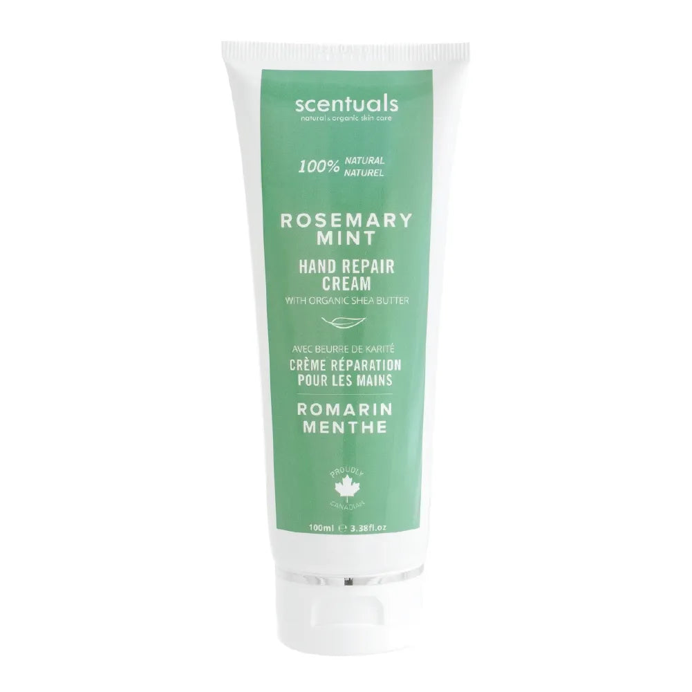 A tube of Scentuals natural 100ml Rosemary Mint Hand Repair Cream made with organic shea butter.