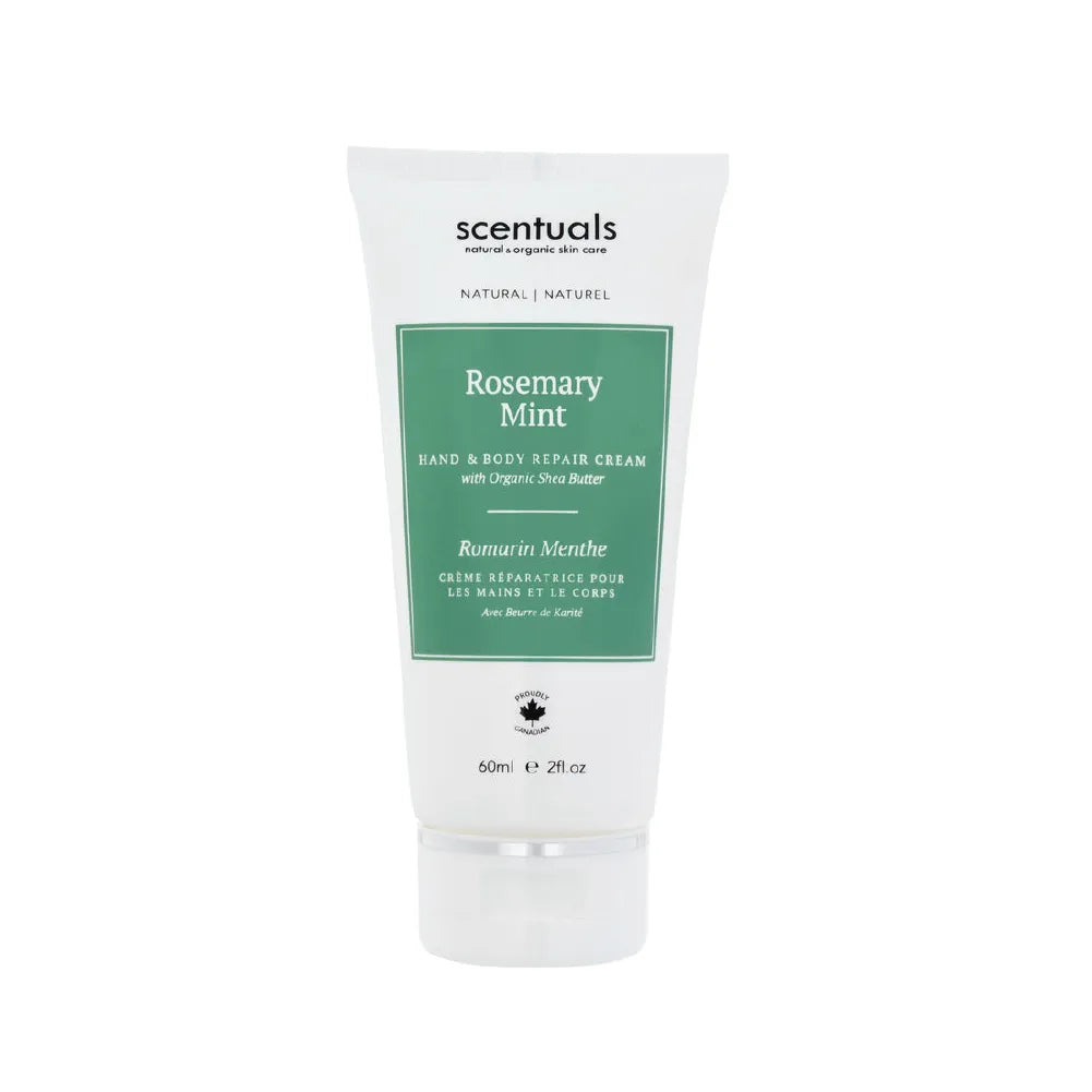 A tube of Scentuals natural Rosemary Mint Hand Repair Cream with organic shea butter.