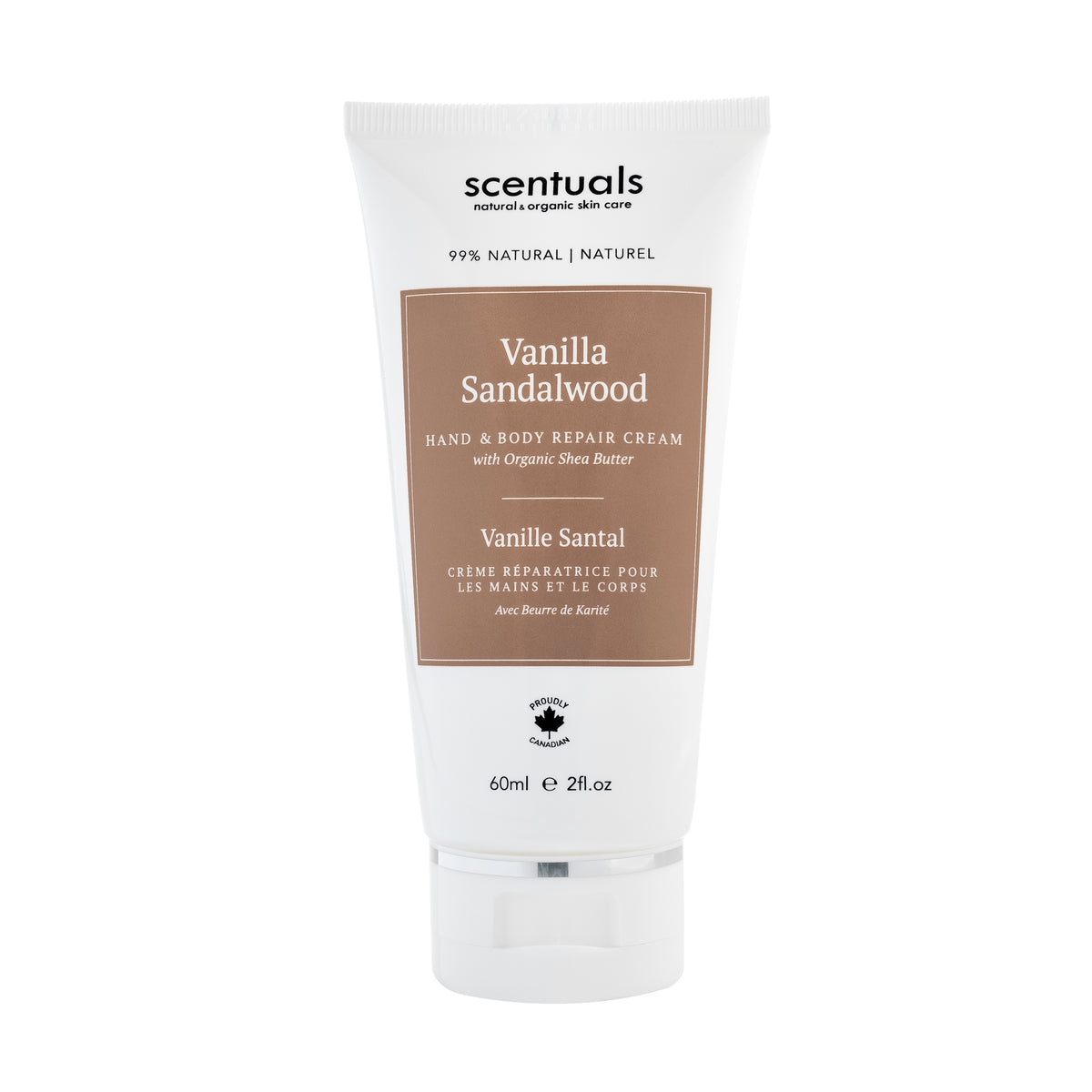 Scentuals hand repair cream with vanilla sandalwood fragrance, 60ml size.