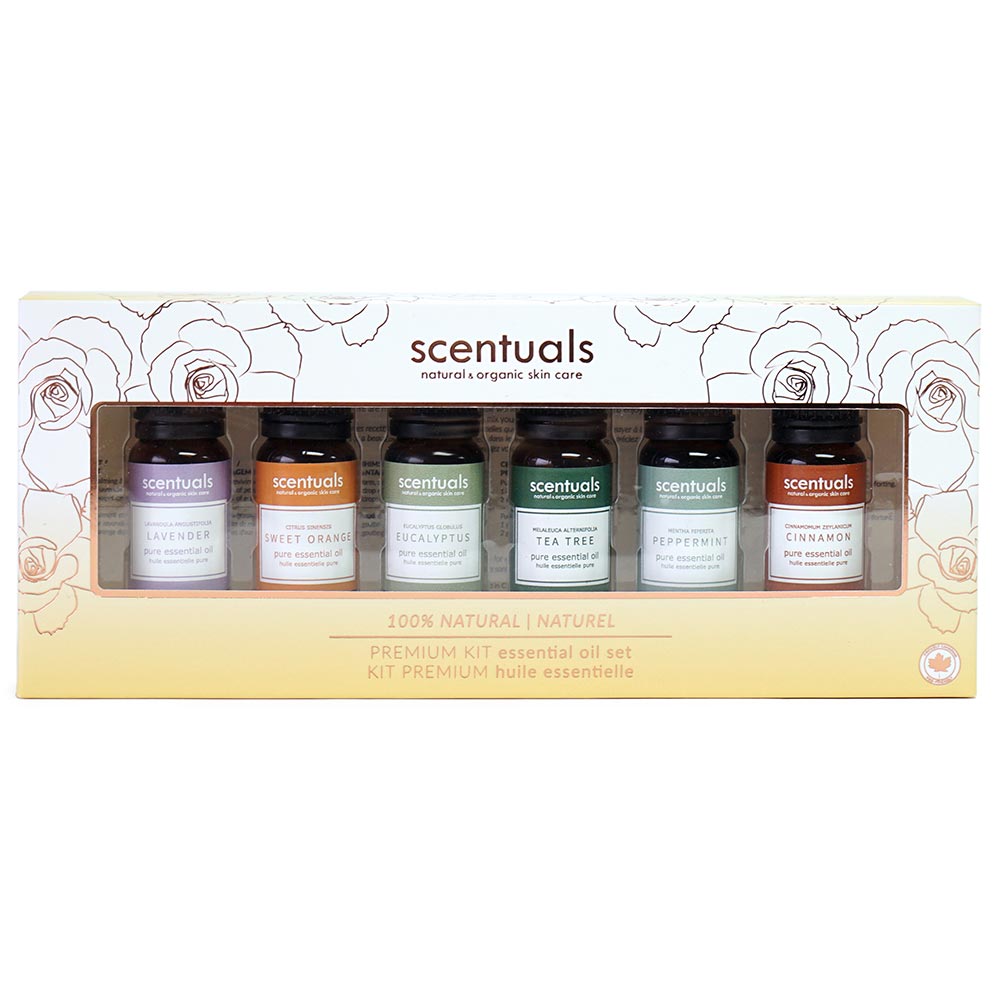 A box of Scentuals premium essential oils kit with six small bottles arranged in a line, each labeled with different scents like Sandalwood, Patchouli, Tea Tree, and Rosemary.