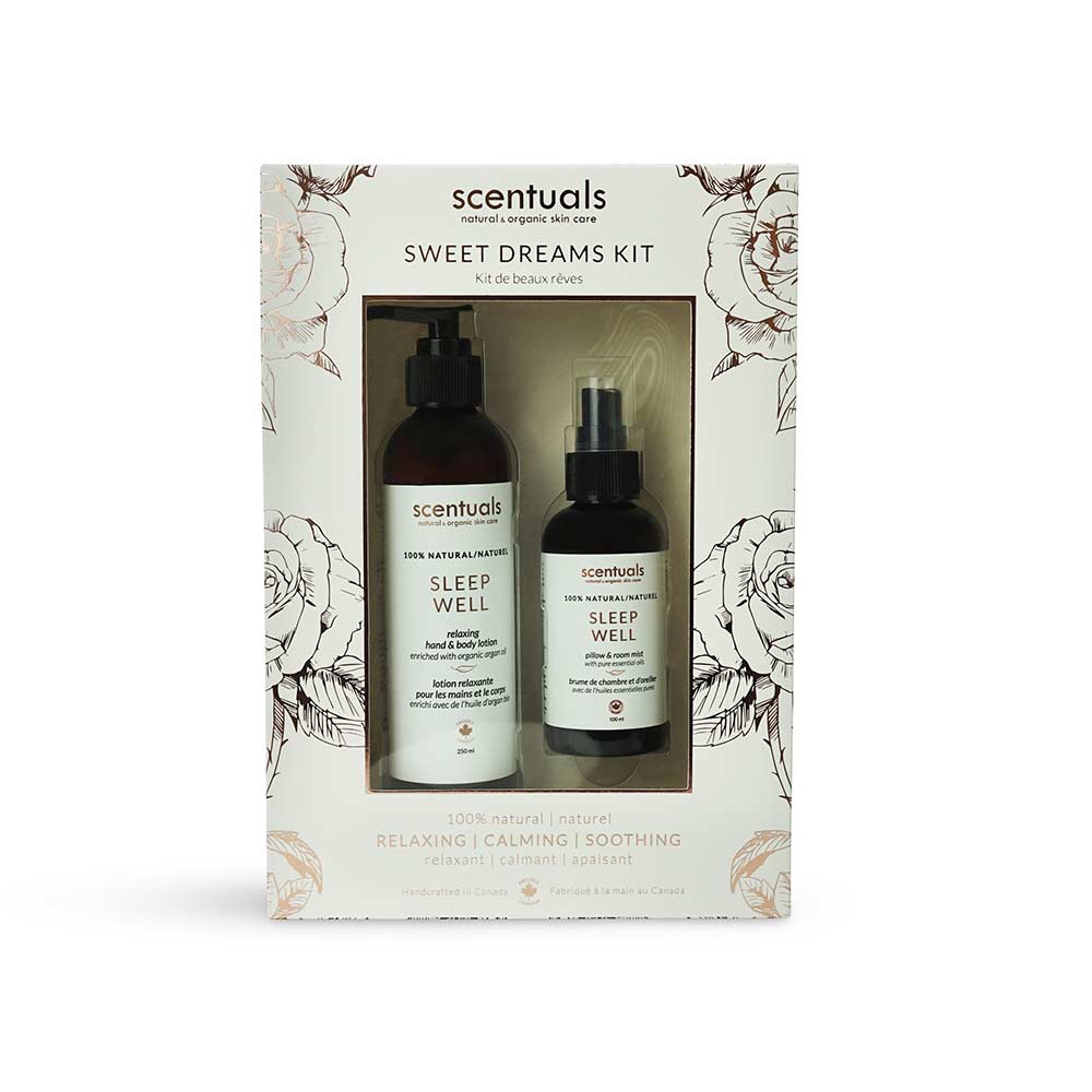 A Sweet Dreams Duo Gift Set by Scentuals, containing a sleep well lotion and a sleep well spray, packaged in a white box with floral designs and a clear window displaying the products.