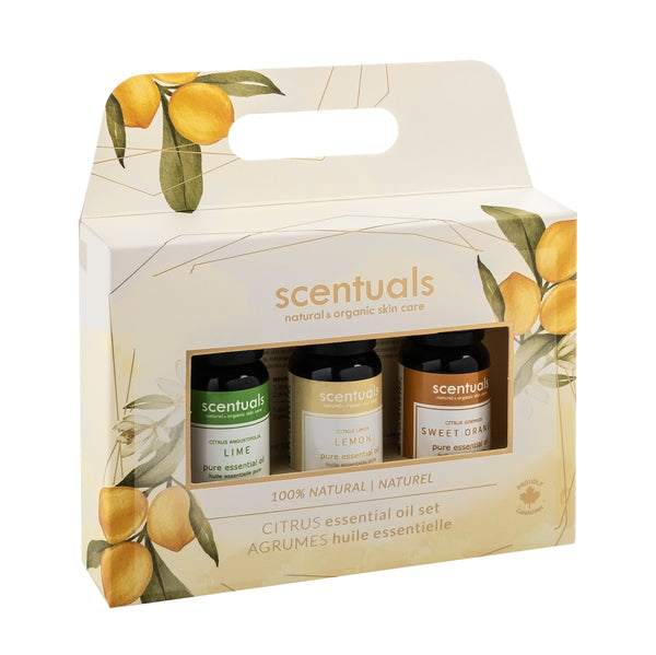 Scentuals Citrus set with essential oils in the scents lime, lemon, and sweet orange.