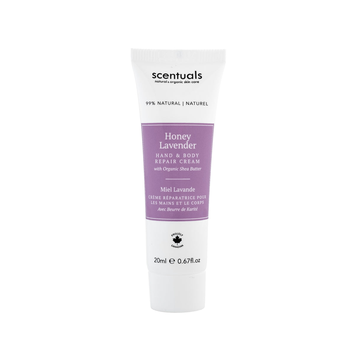 Scentuals Honey Lavender Hand Repair Cream with organic shea butter, 20ml in size.