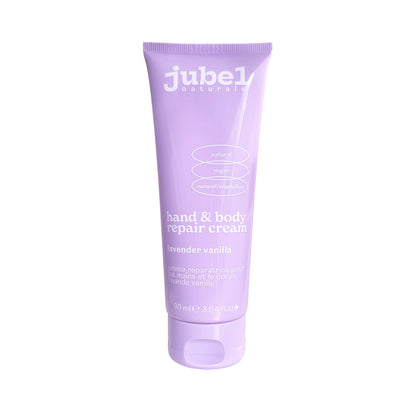 Purple tube of Jubel Naturals vegan hand & body repair cream in the scent lavender Vanilla.
