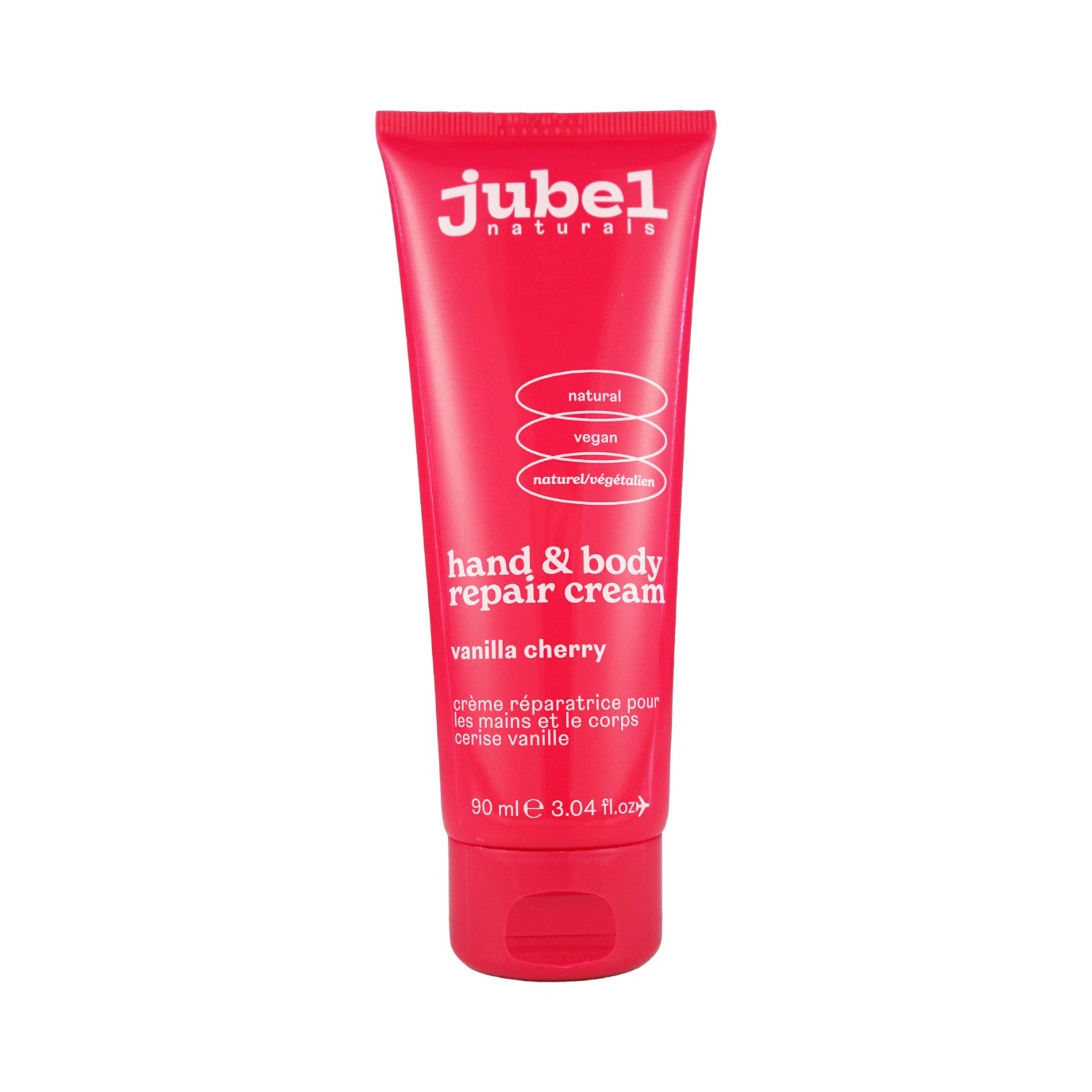 Red tube of jubel naturals natural & vegan Vanilla Cherry hand and body repair cream 
