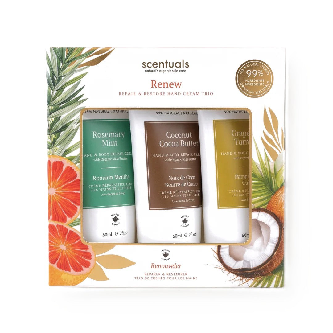 Centered view of Scentuals Renew Repair and Restore hand cream trio set.