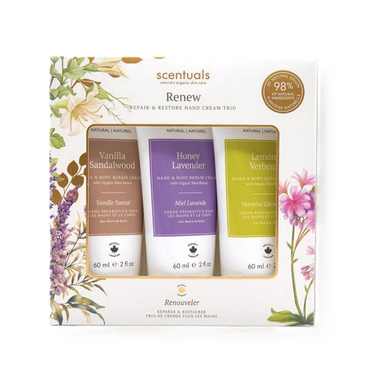 Centered view of Scentuals Renew repair and retore hand cream trio.