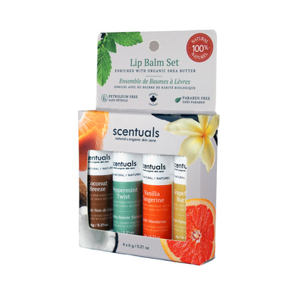 Left angled of lip balm set.