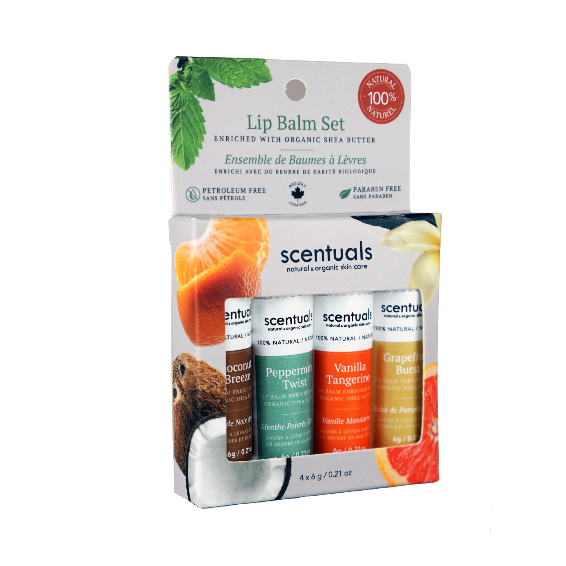Scentuals lip balm set featuring four tubes in Coconut, Peppermint, Vanilla, and Grapefruit flavors with organic shea butter.