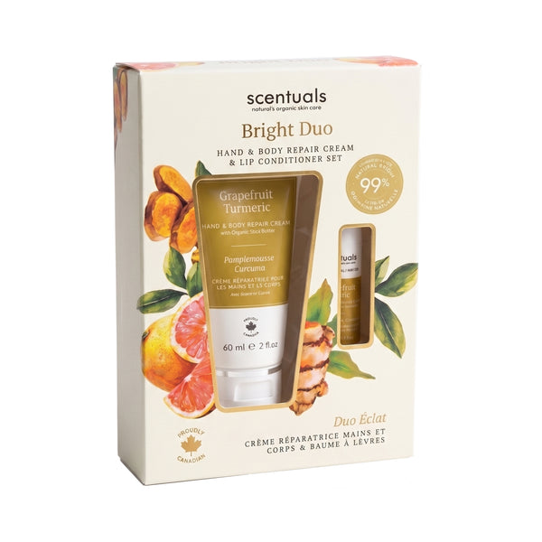 Scentuals Bright Duo set featuring a Grapefruit Turmeric hand and body repair cream and lip conditioner.