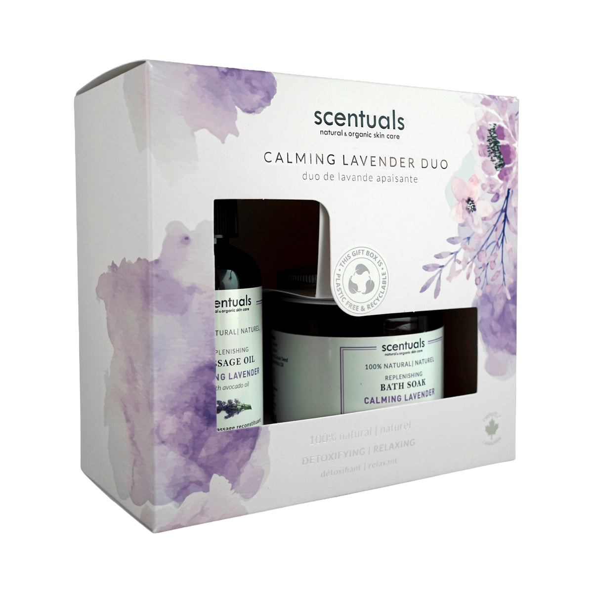 Scentuals Calming Lavender Duo featuring Calming Lavender massage oil and bath soak.