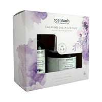 Scentuals Calming Lavender Duo featuring Calming Lavender massage oil and bath soak.