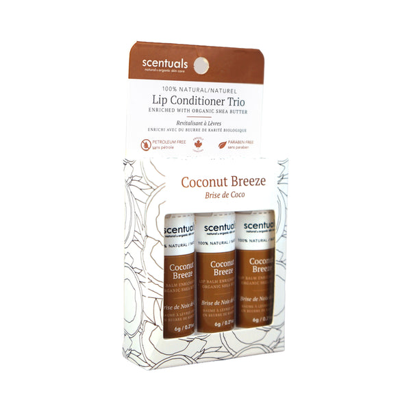 Scentuals Coconut Breeze lip conditioner trio enriched with organic shea butter.