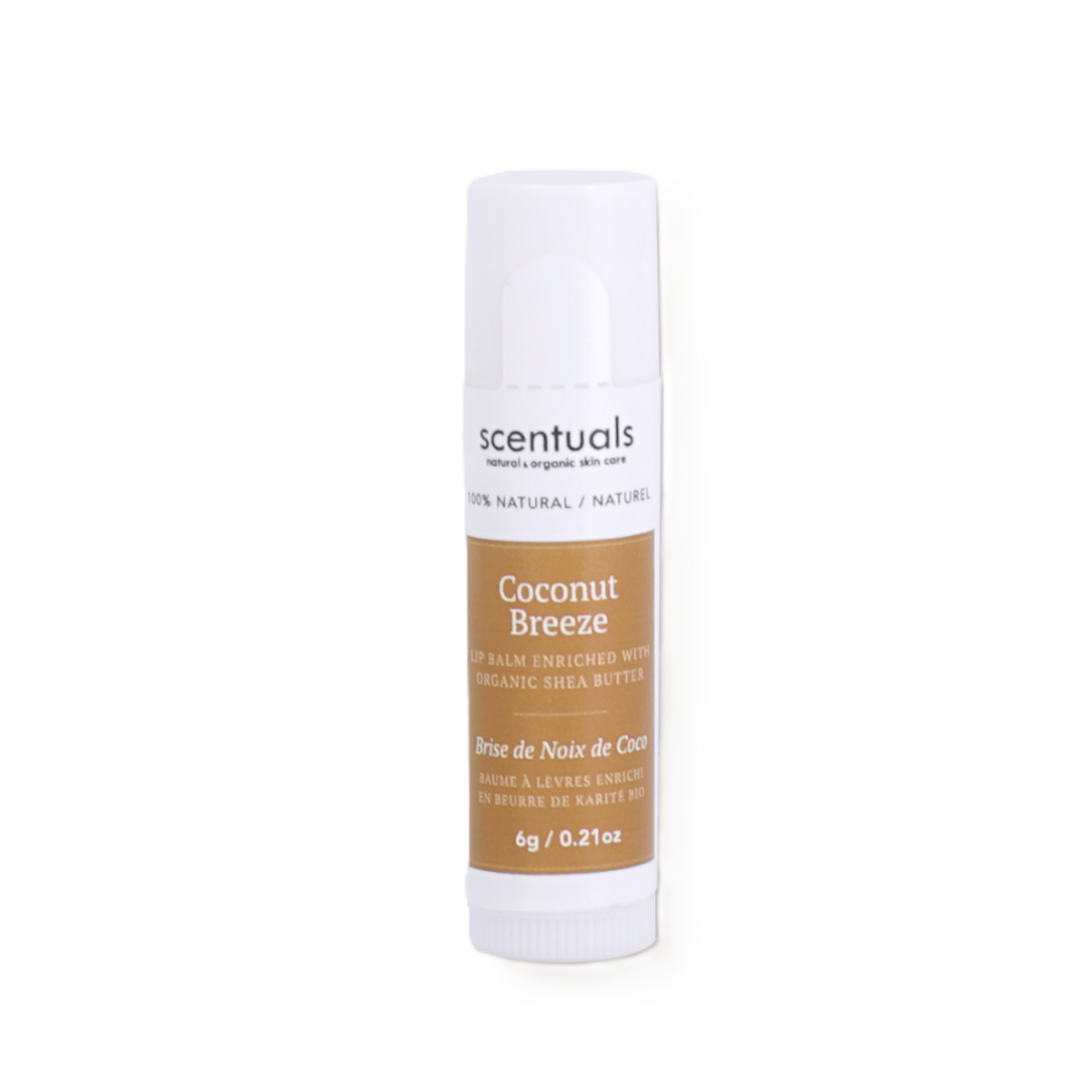 Scentuals coconut breeze lip balm with organic shea butter.