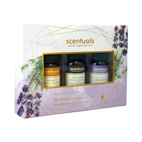 Scentuals De-stress essential oil set featuring oils in the scents sweet orange, cedarwood, and lavender.