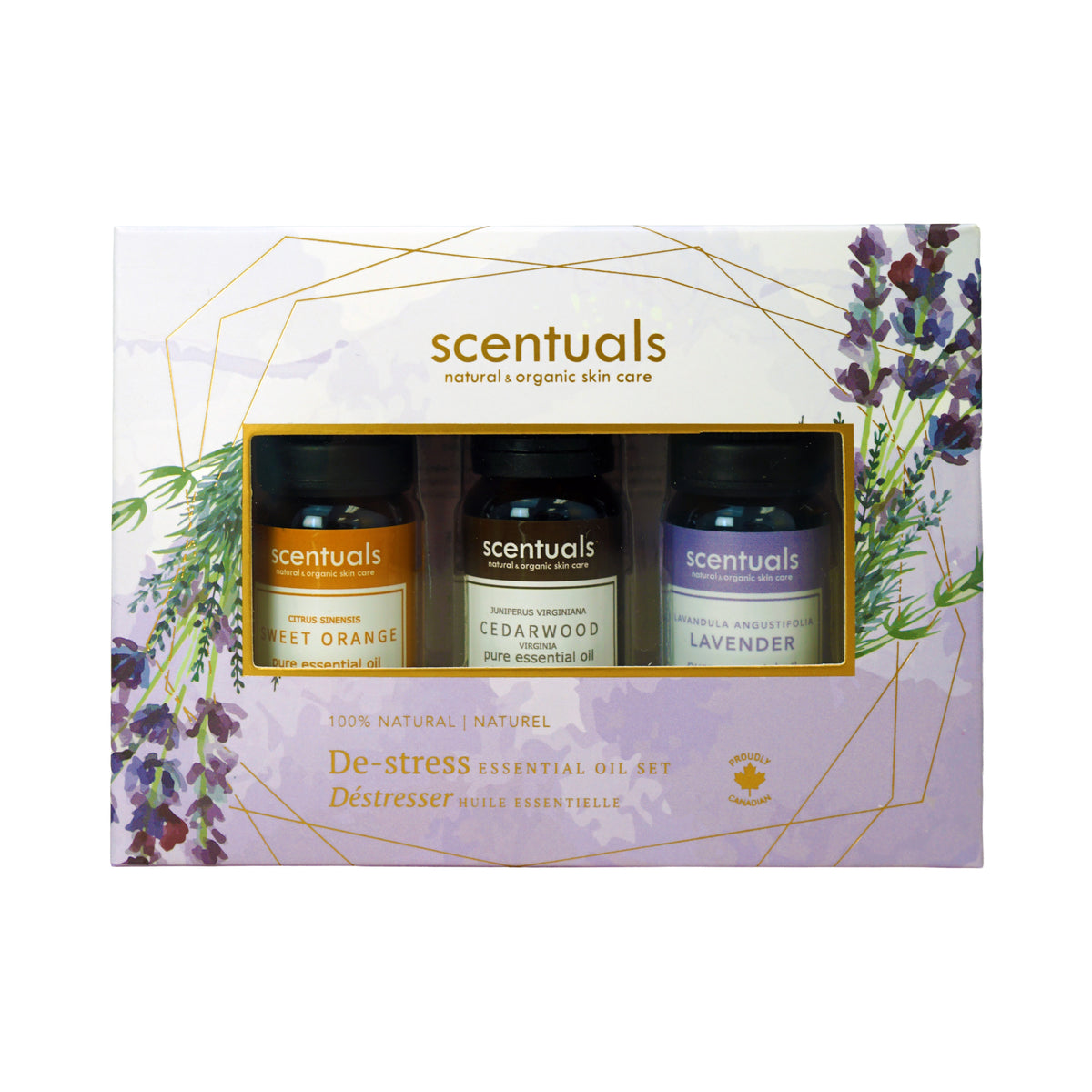 Centered View of Scentuals De-stress essential oil set.