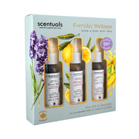 Scentuals Everyday Wellness Room & Body Mist Trio featuring three sprays in Sleep Well, Energize, and De-Stress scents.