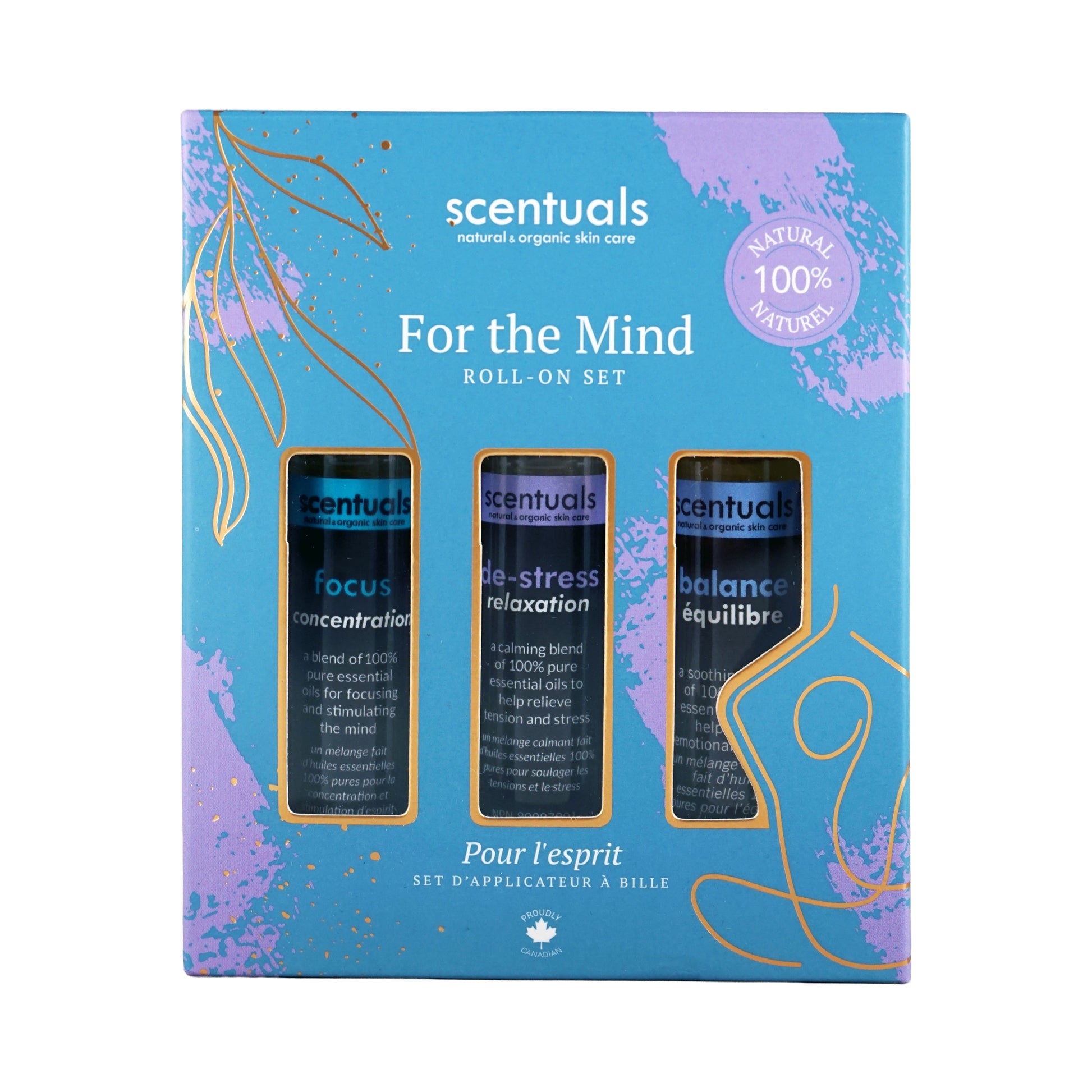 Scentuals roll-on set packaging with three bottles labeled 'focus', 'de-stress', and 'balance'.