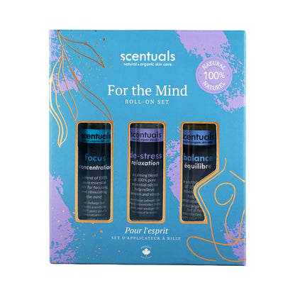 Scentuals roll-on set packaging with three bottles labeled 'focus', 'de-stress', and 'balance'.