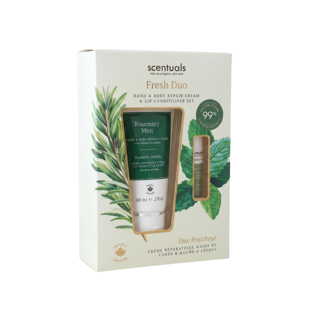 Scentuals Fresh Duo set featuring a Rosemary Mint hand and body repair cream and lip conditioner.