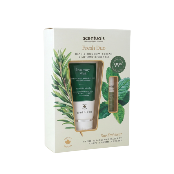 Scentuals Fresh Duo set featuring a Rosemary Mint hand and body repair cream and lip conditioner.