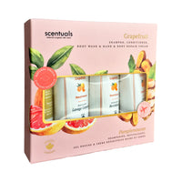 Scentuals Grapefruit skincare travel set featuring a shampoo, conditioner, body wash, and a lotion.