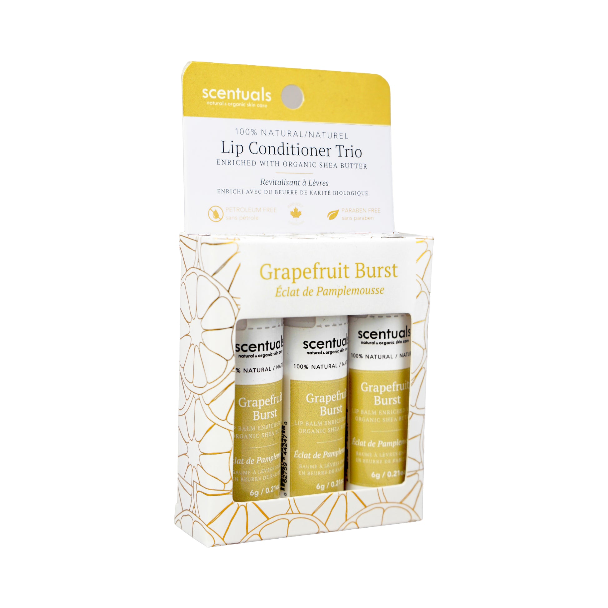 Scentuals Grapefruit Burst lip conditioner trio enriched with organic shea butter.