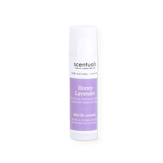 Scentuals honey lavender lip balm with organic shea butter.