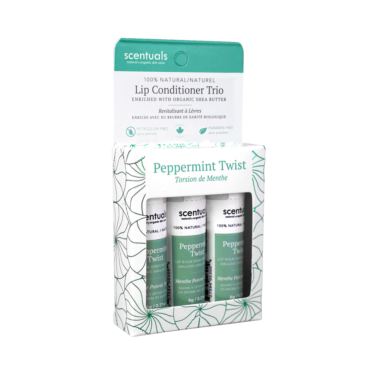 Scentuals Peppermint Twist lip conditioner trio enriched with organic shea butter.