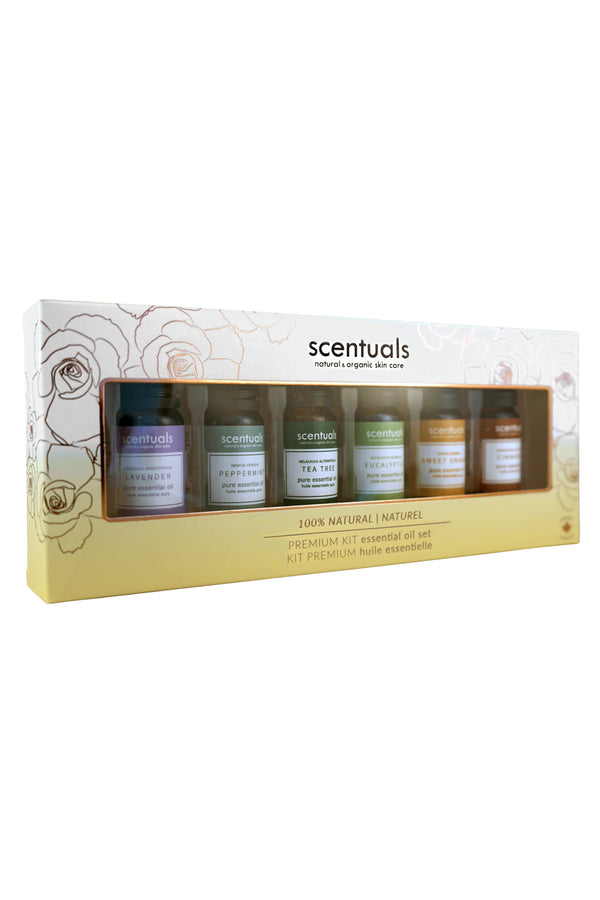 Set of Scentuals' essential oils in a decorative box on a white background