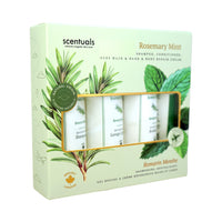 Scentuals Rosemary Mint travel kit featuring a shampoo, conditioner, body wash, and a hand and repair cream.