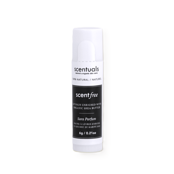 Scentuals scentfree lip balm with organic shea butter.
