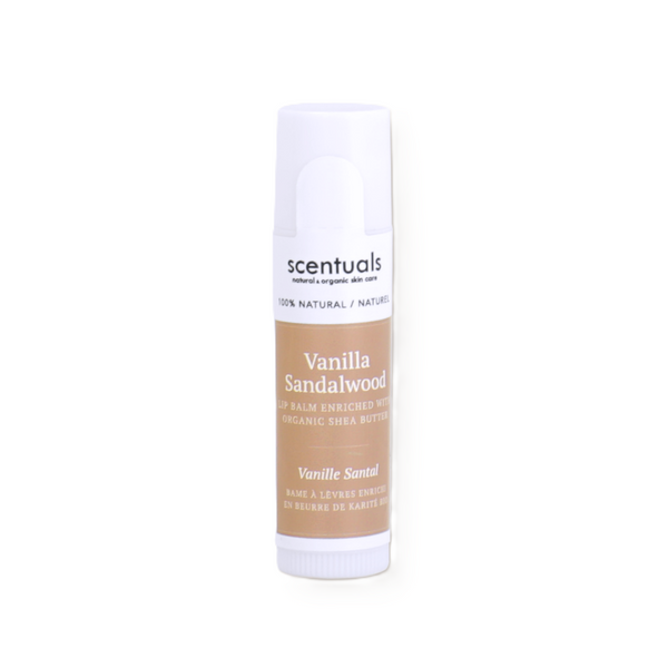 Scentuals vanilla sandalwood lip balm with organic shea butter.