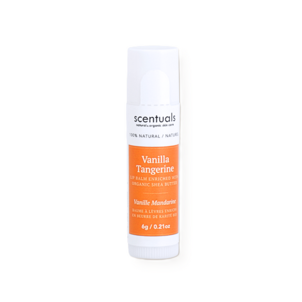 Scentuals vanilla tangerine lip balm with organic shea butter.