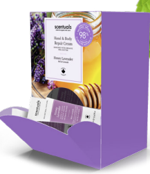 Scentuals Hand and body repair cream 24pc display in the scent Honey Lavender. 98% natural.