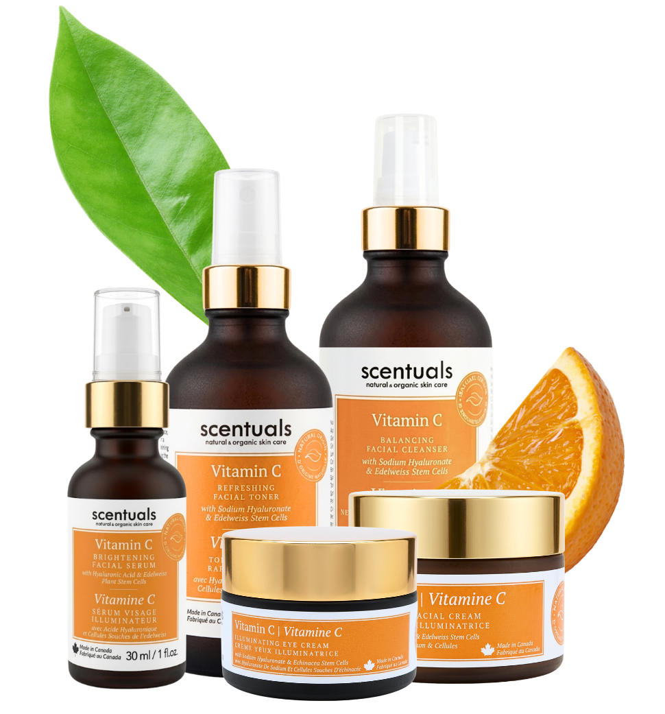 Scentuals Vitamin C skincare products with green leaf and orange slice on a white background